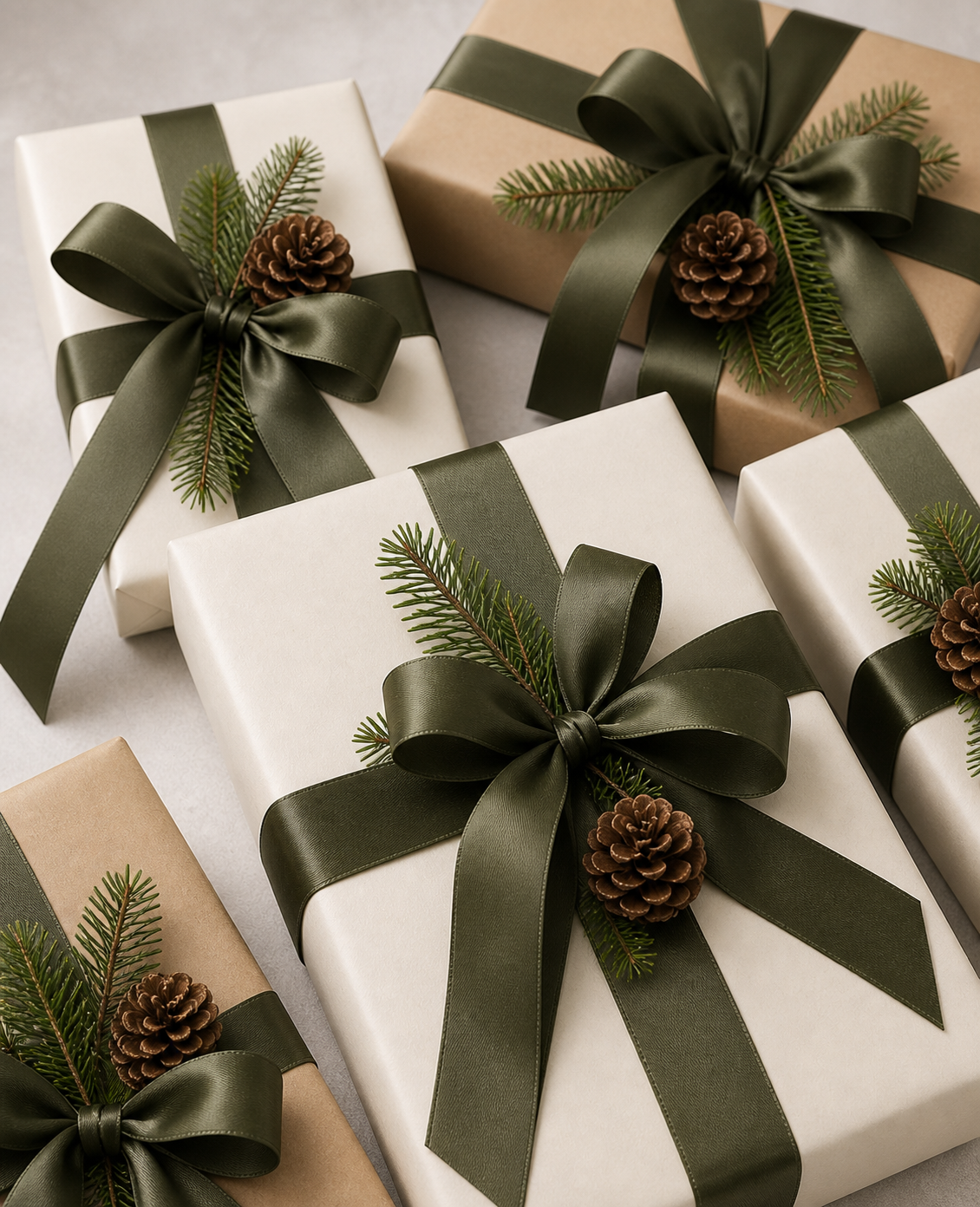 Luxury gifts wrapped with deep green ribbon, fir sprigs and pine cones