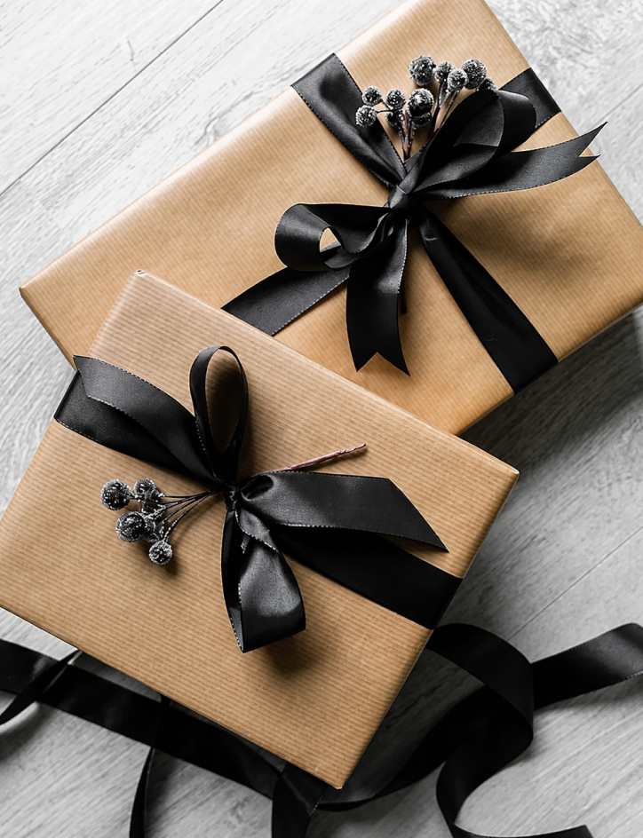 Kraft gifts finished with black satin bows