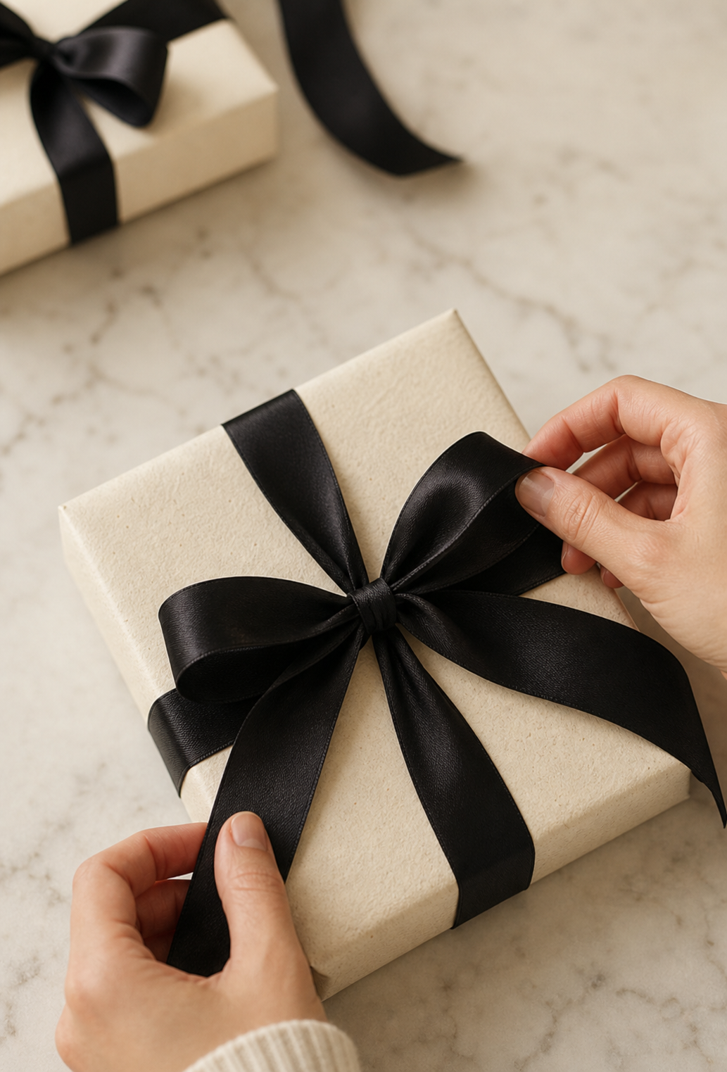 Hands tying a black satin bow around an ivory gift