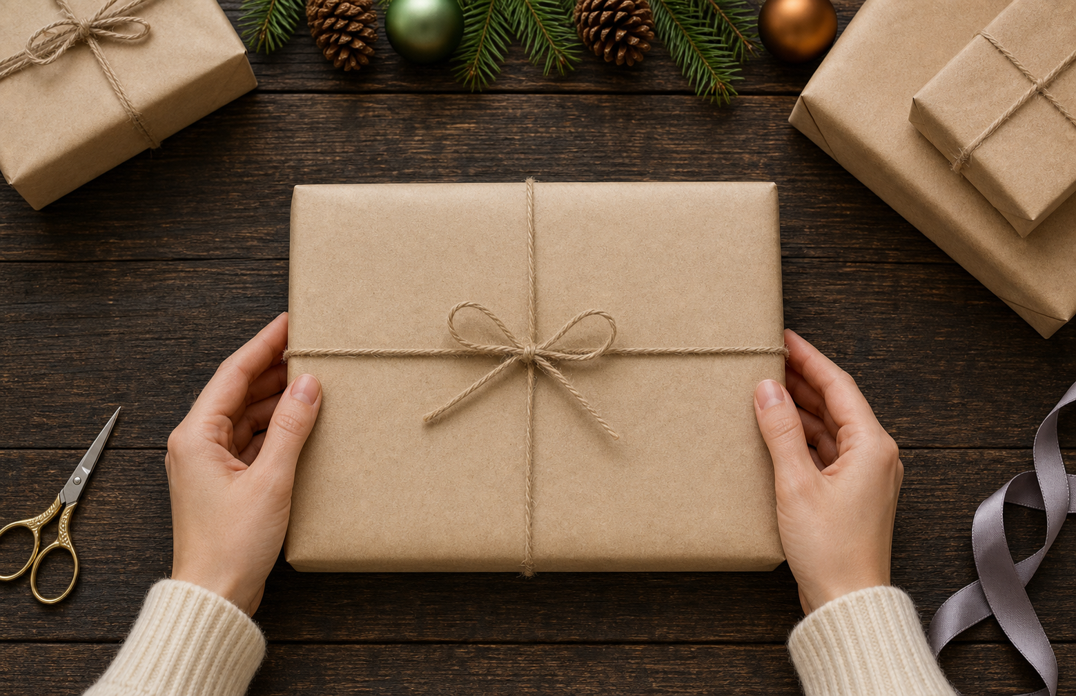 Hands arranging a kraft gift on a wrapping table